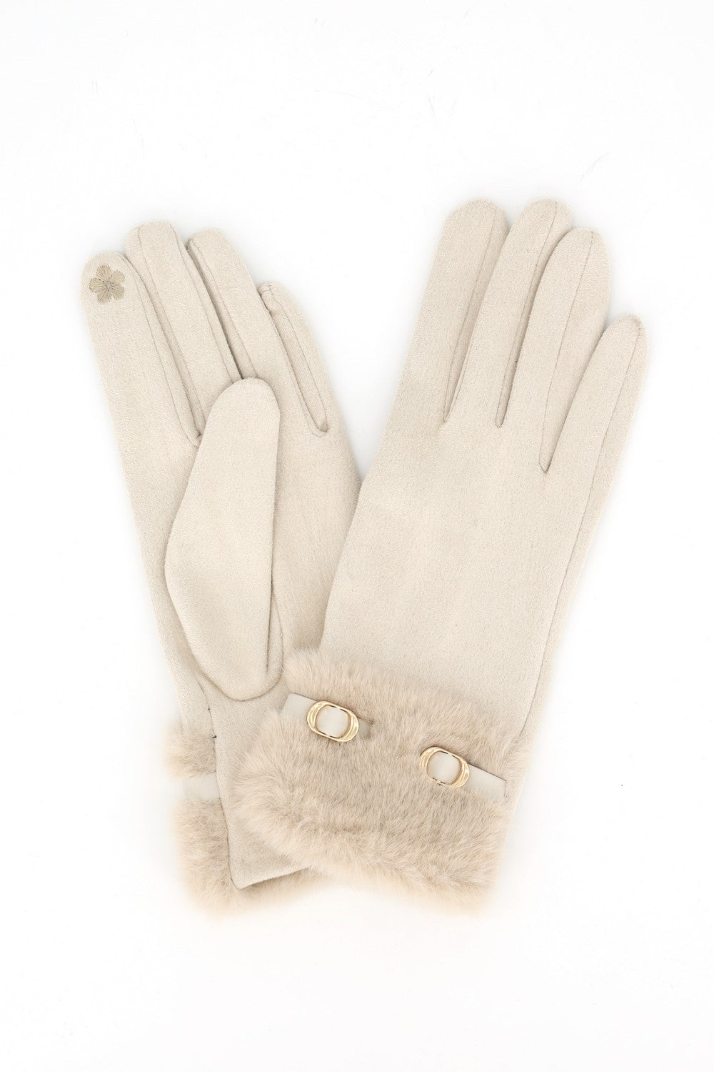 Faux Suede Touchscreen Gloves With Faux Fur Cuff And Buckle