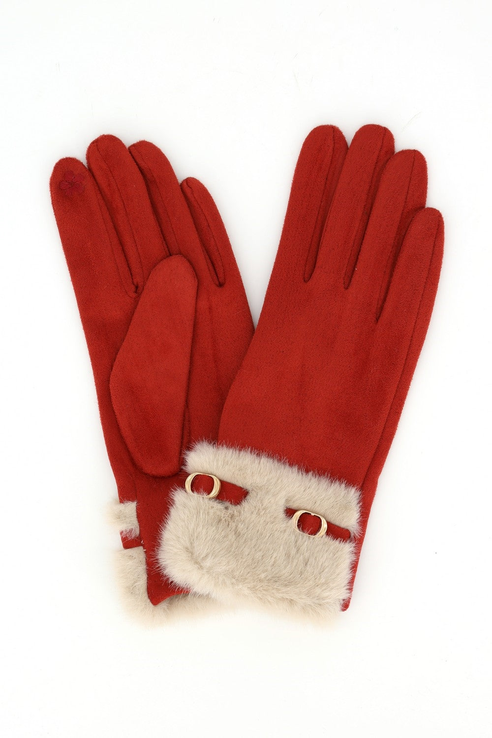 Faux Suede Touchscreen Gloves With Faux Fur Cuff And Buckle