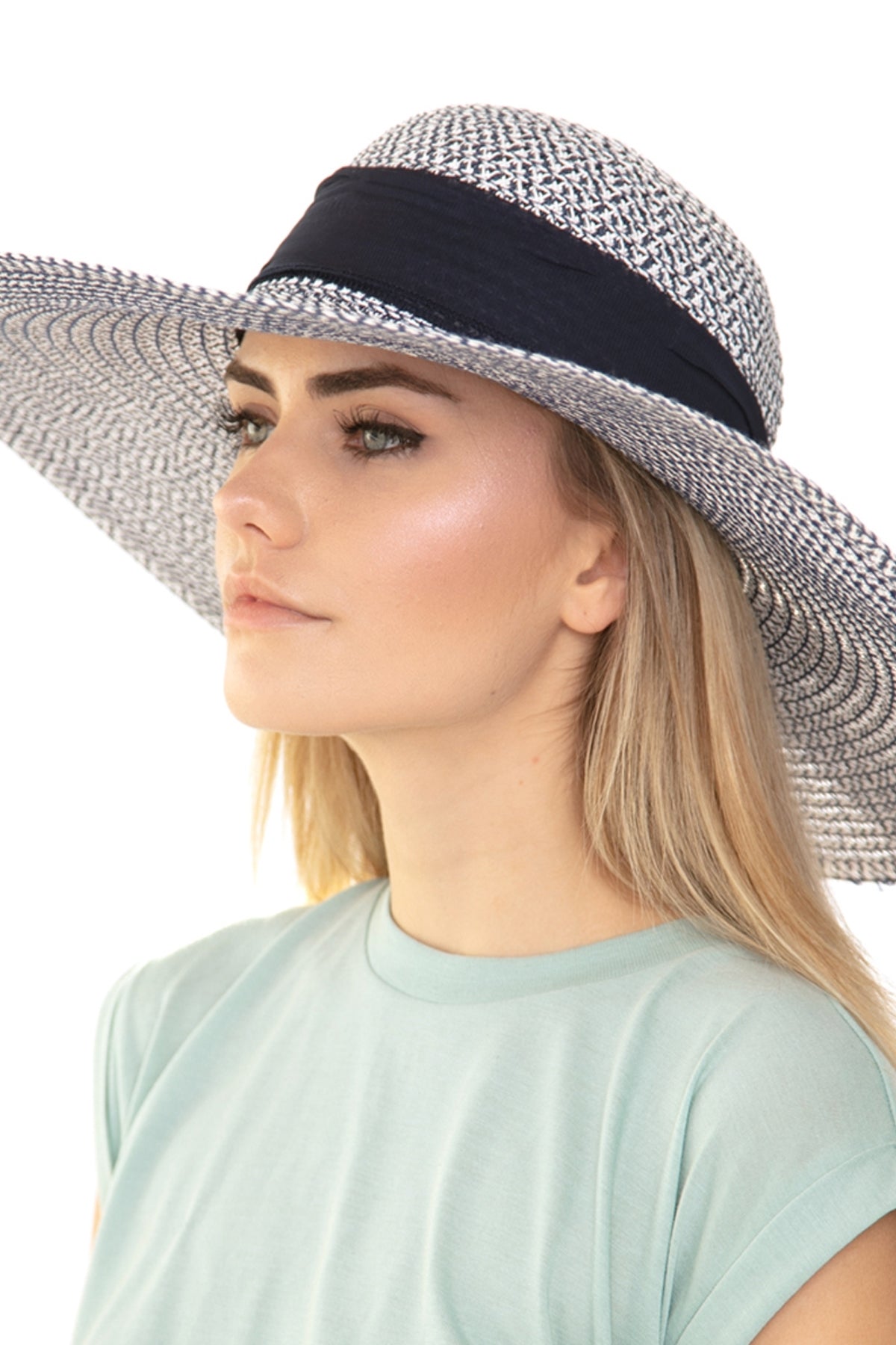 Navy Mixed Color Straw Bows Summer Floppy Hat