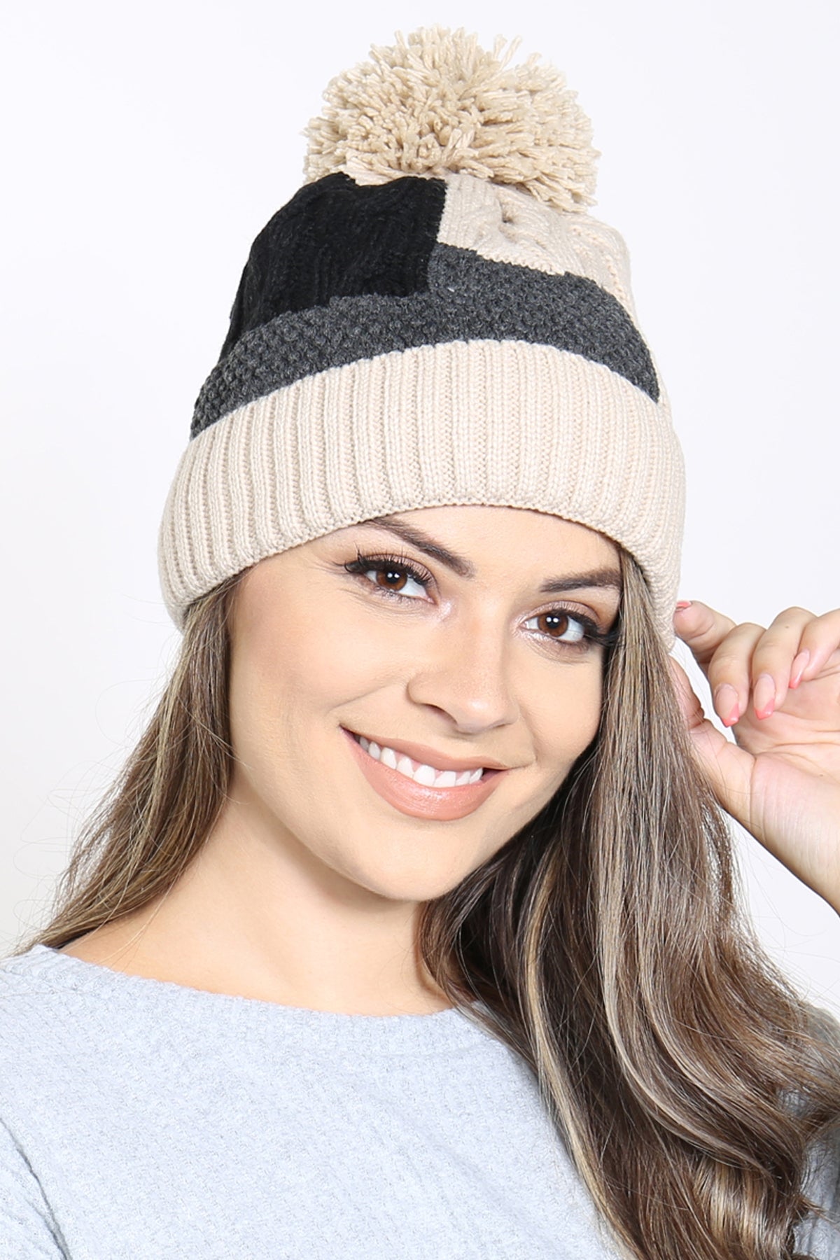 Patch Fleece Pompom Beanie Acrylic / 6PCS