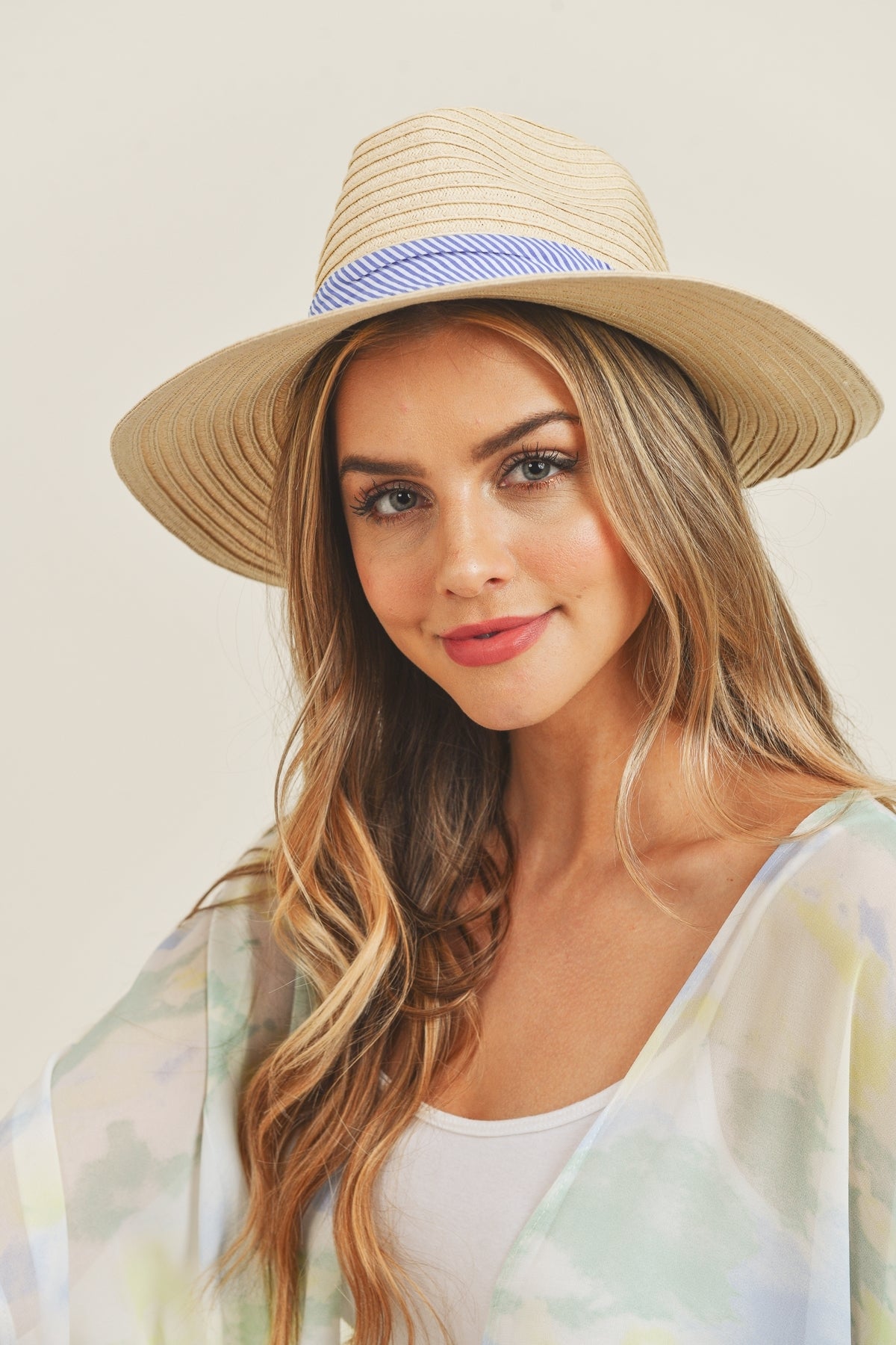 Fold Striped Bow Straw Hat Beige With Pink Band