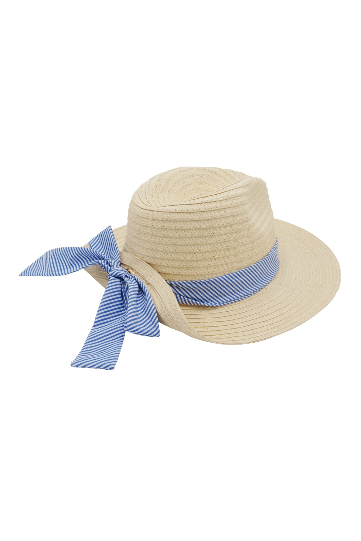 Fold Striped Bow Straw Hat Beige With Pink Band