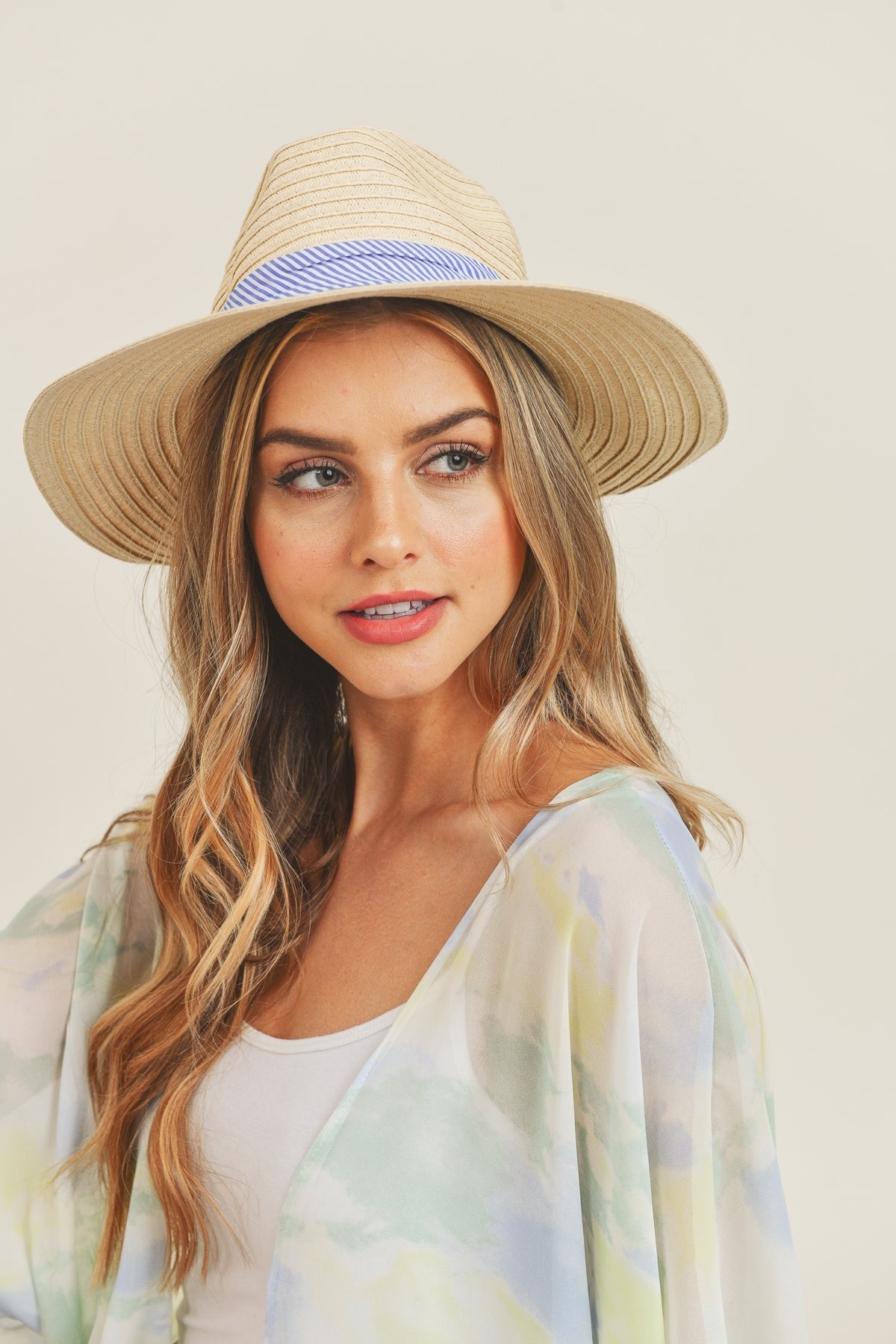 Fold Striped Bow Straw Hat Beige With Pink Band