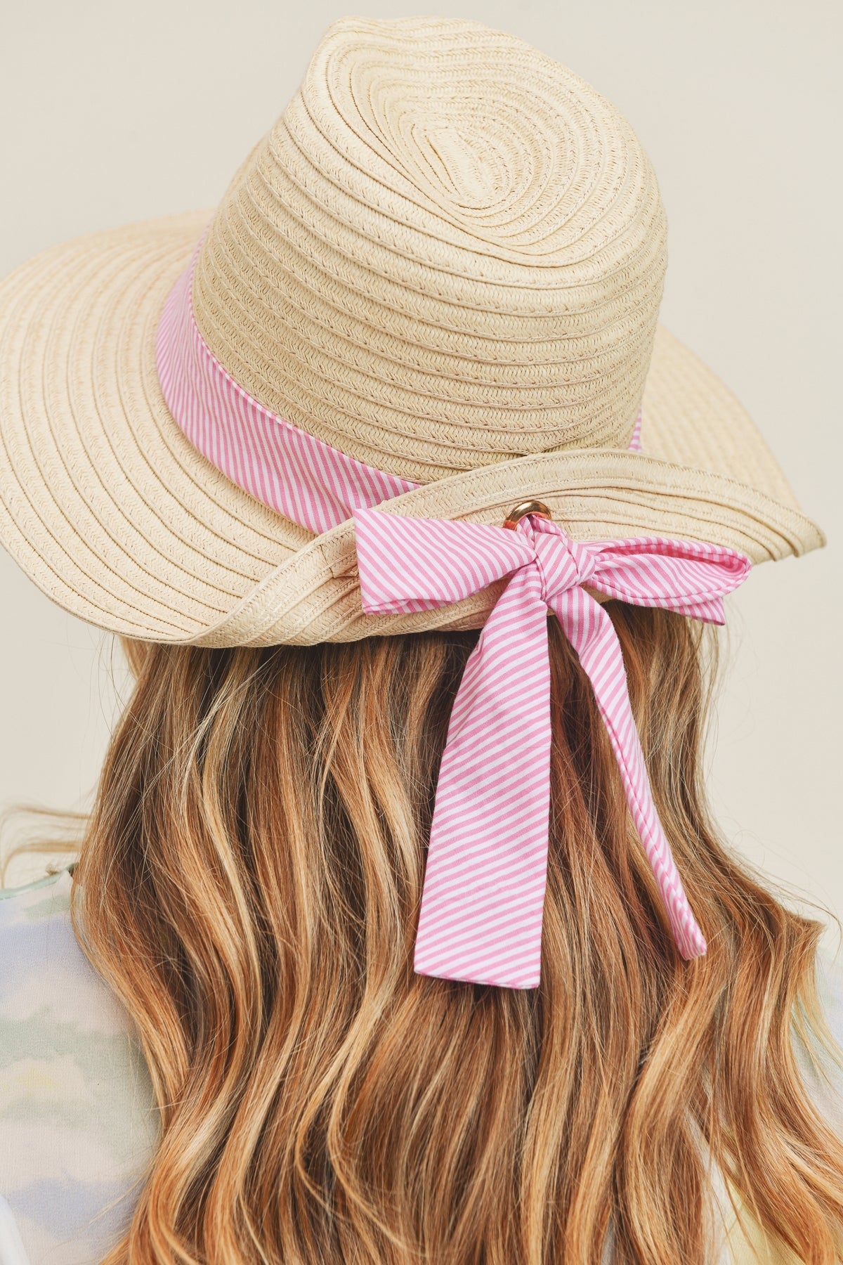 Fold Striped Bow Straw Hat Beige With Pink Band