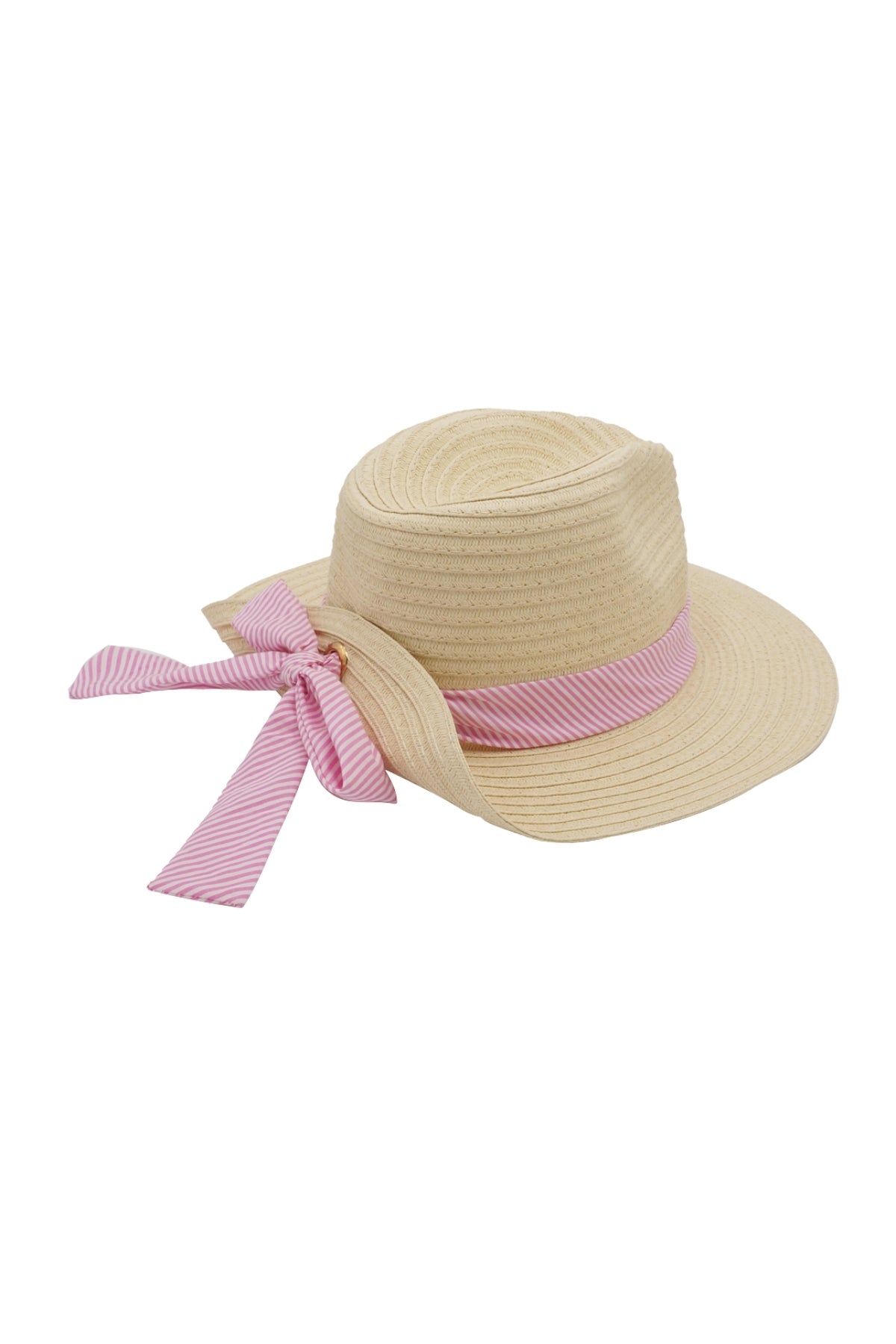 Fold Striped Bow Straw Hat Beige With Pink Band