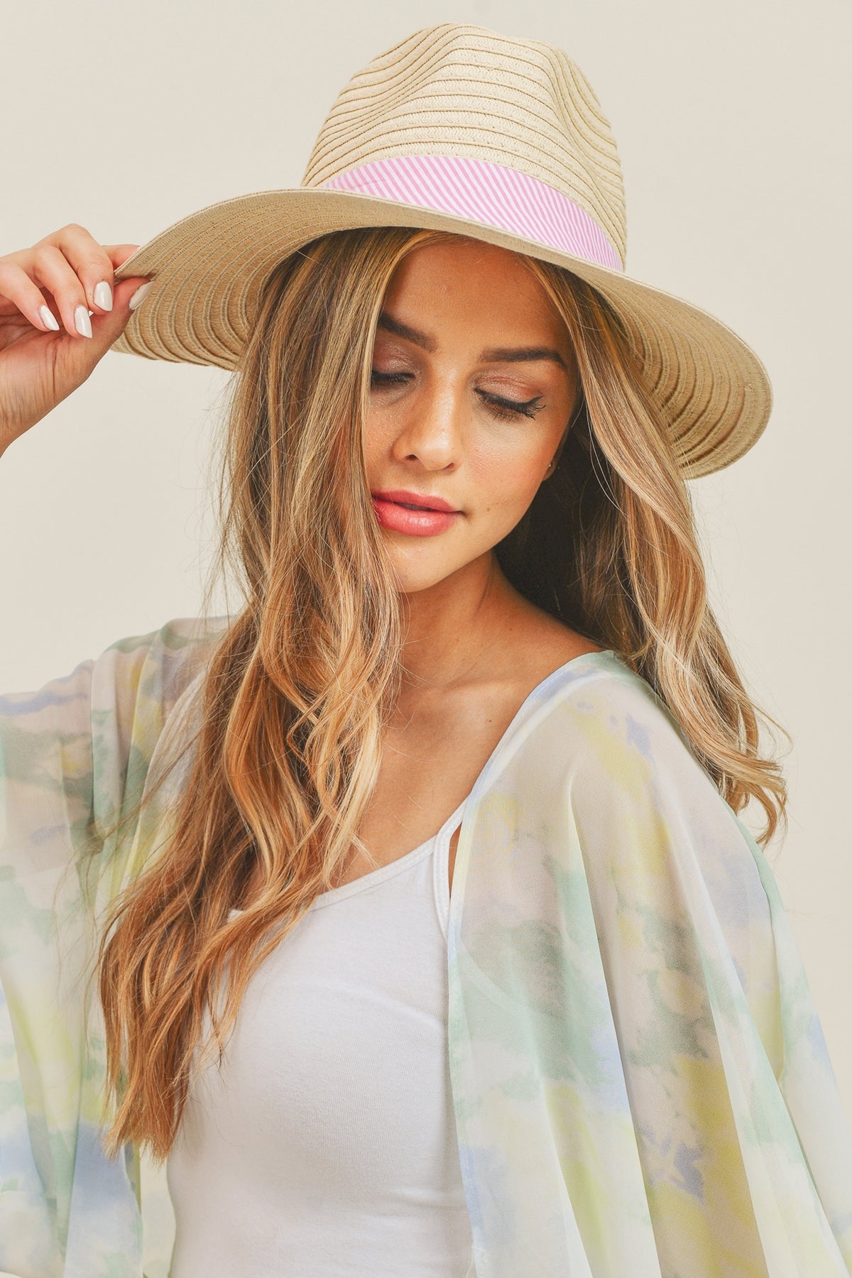 Fold Striped Bow Straw Hat Beige With Pink Band