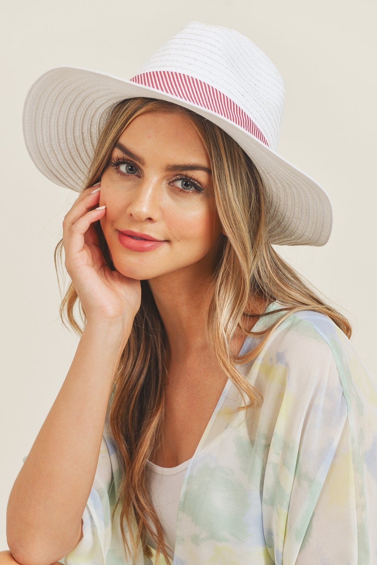 Fold Striped Bow Straw Hat Beige With Pink Band
