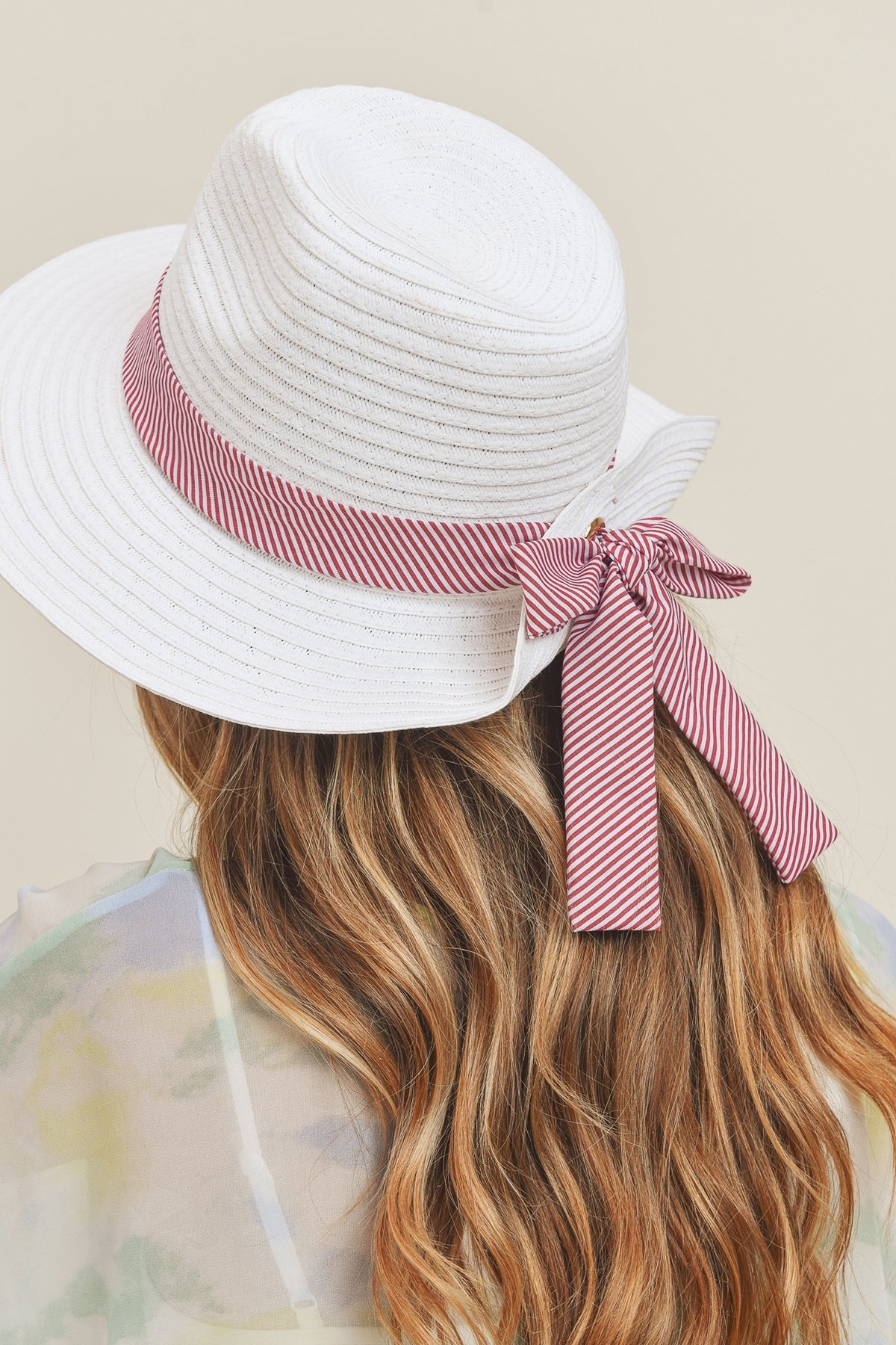 Fold Striped Bow Straw Hat Beige With Pink Band
