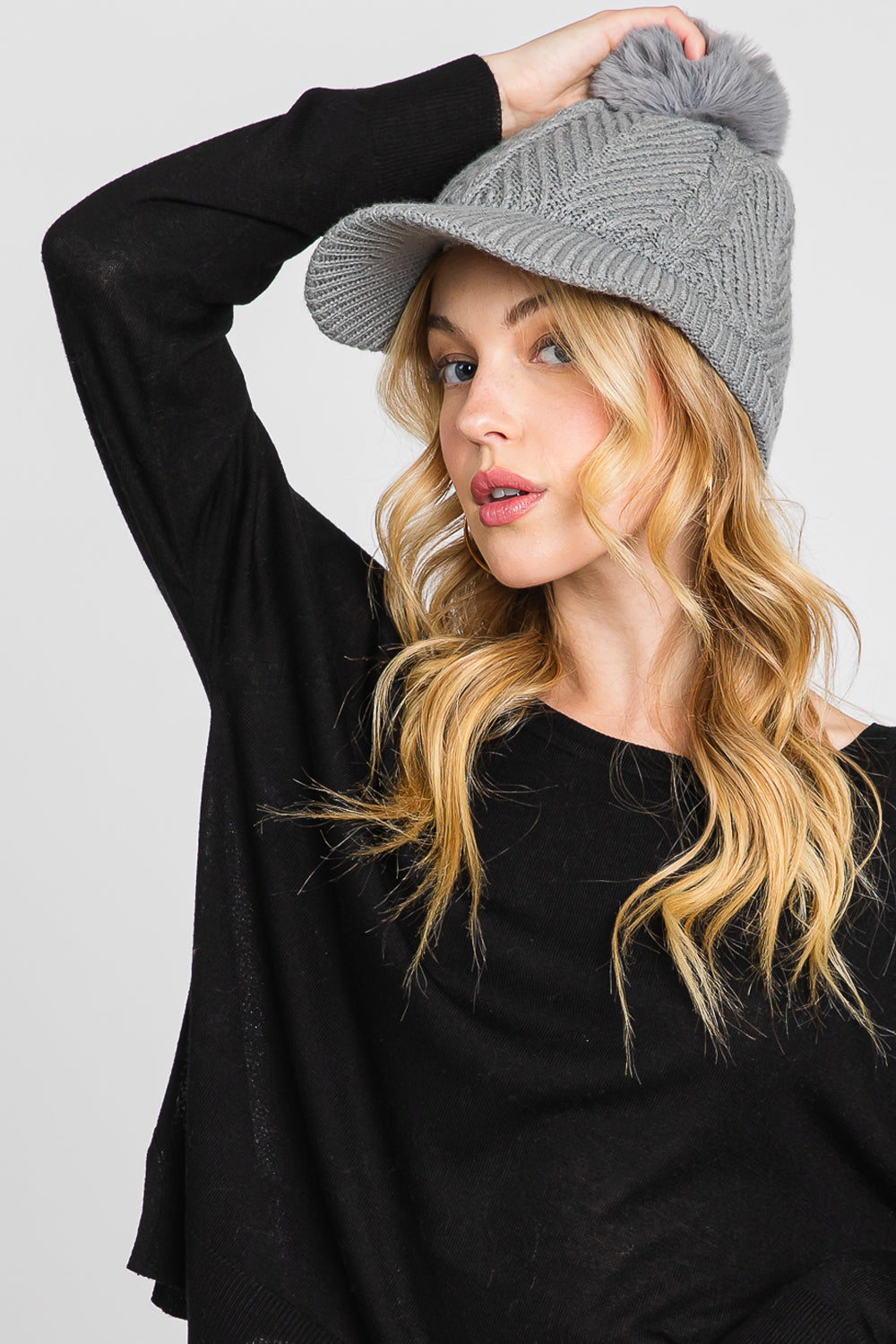 Chevron Pattern Pompom Knit Cap