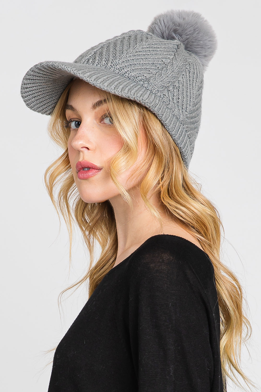 Chevron Pattern Pompom Knit Cap