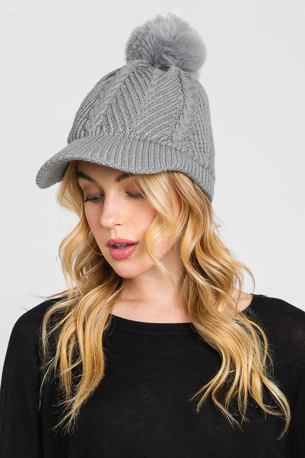Chevron Pattern Pompom Knit Cap