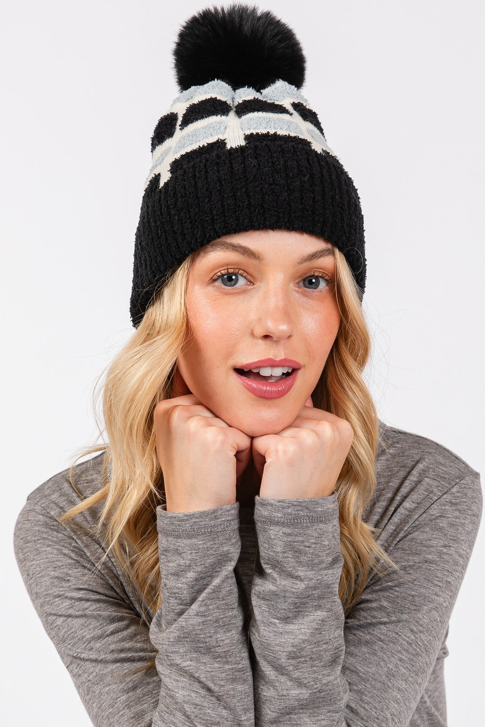 Cozy Color Blocked Pom Pom Beanie