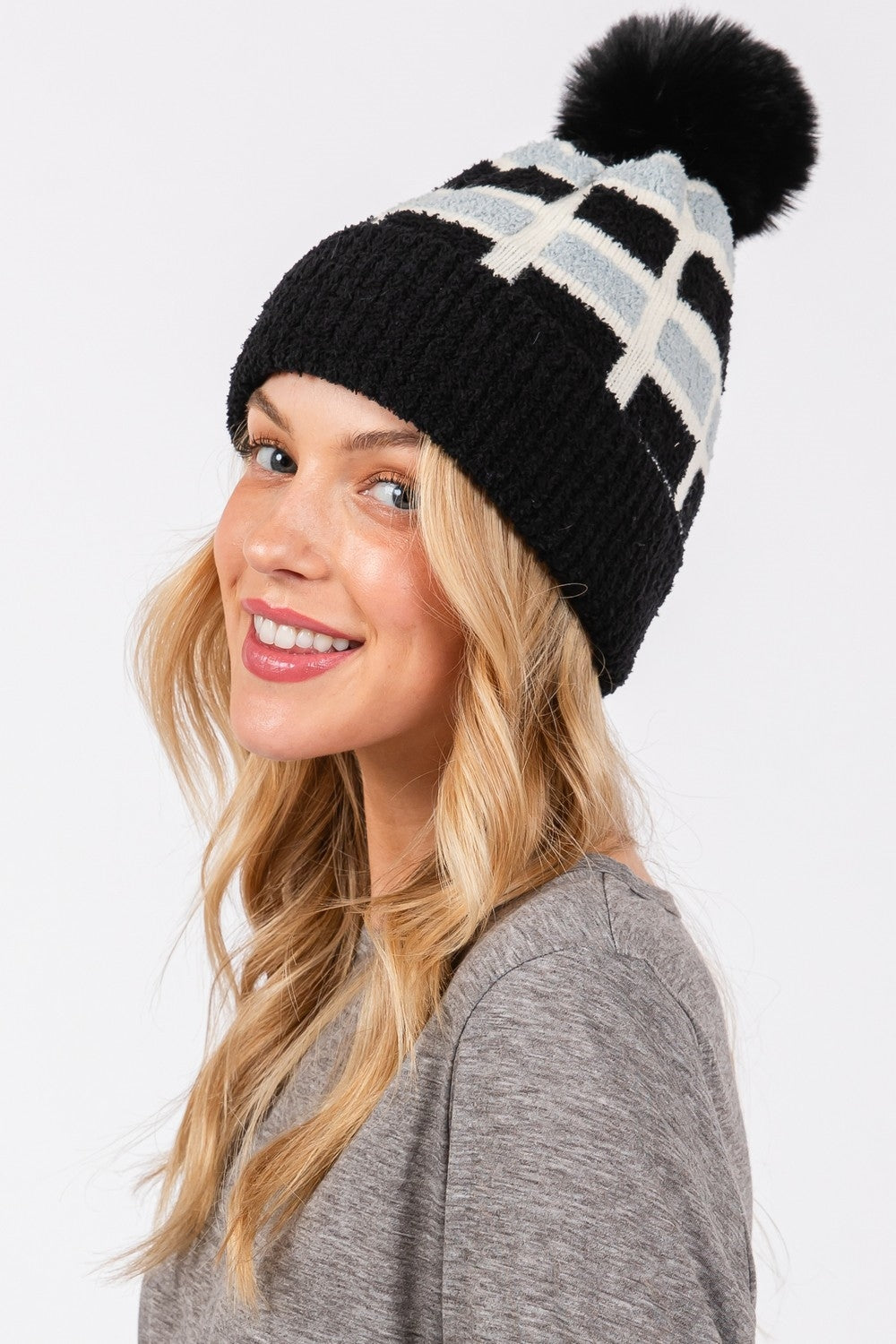 Cozy Color Blocked Pom Pom Beanie
