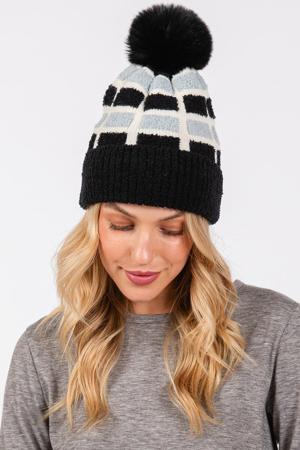 Cozy Color Blocked Pom Pom Beanie
