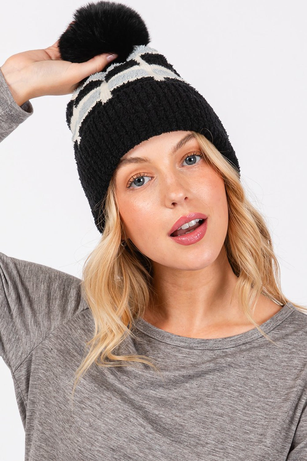 Cozy Color Blocked Pom Pom Beanie