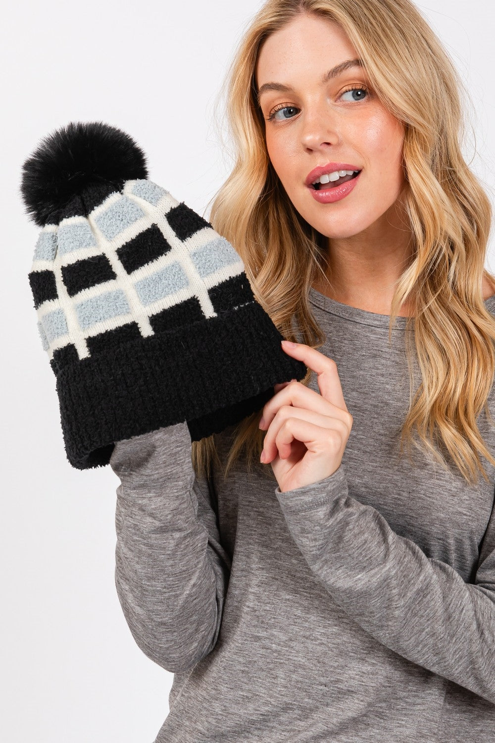 Cozy Color Blocked Pom Pom Beanie