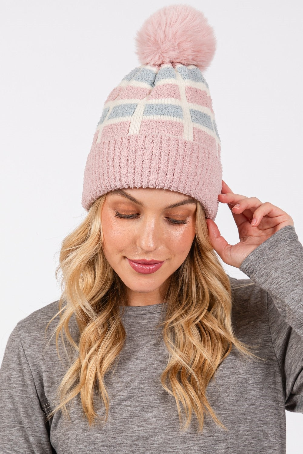 Cozy Color Blocked Pom Pom Beanie