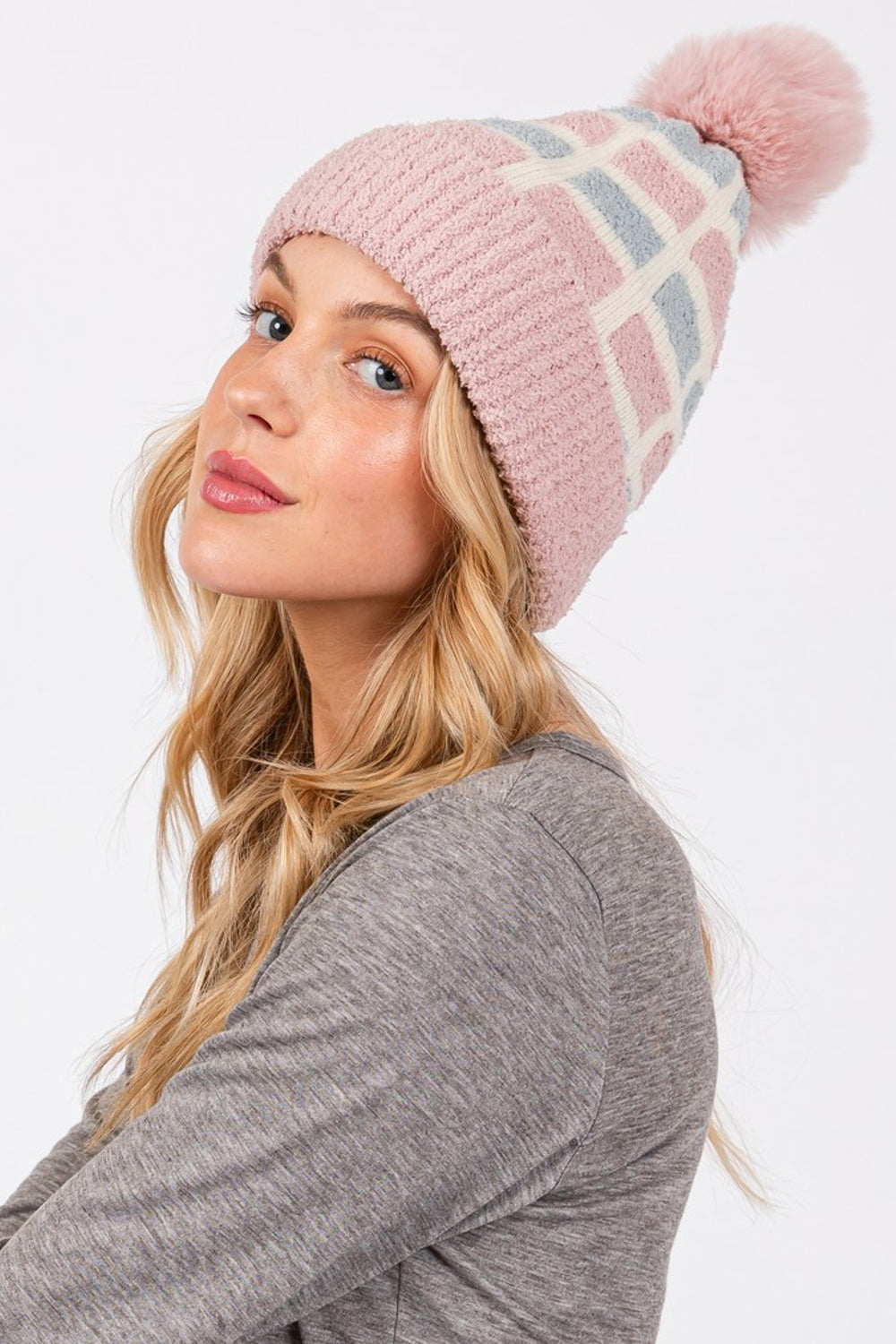 Cozy Color Blocked Pom Pom Beanie