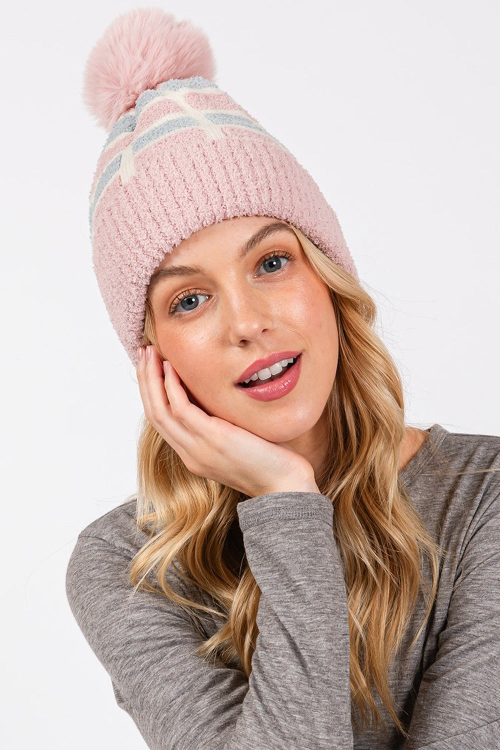 Cozy Color Blocked Pom Pom Beanie