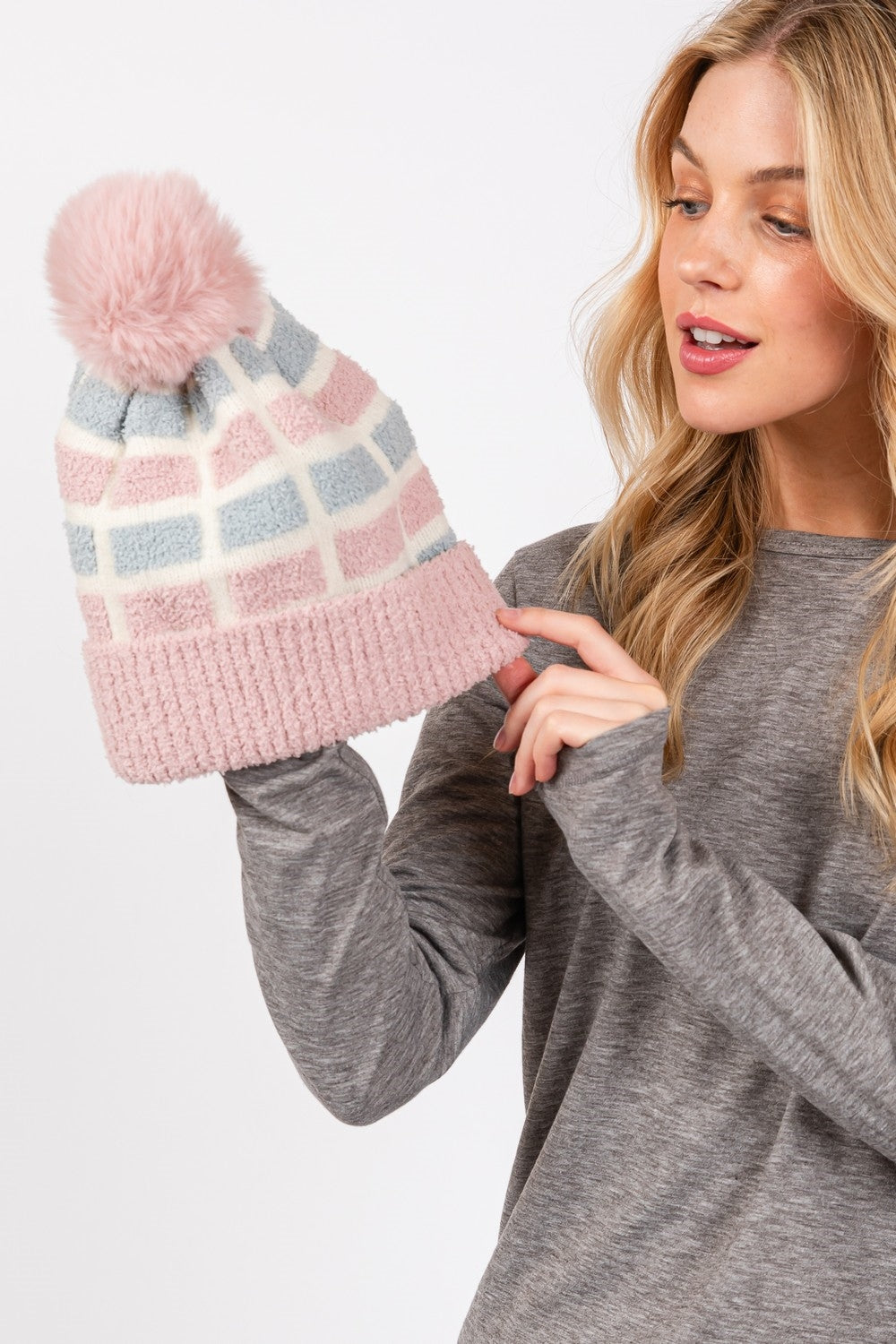 Cozy Color Blocked Pom Pom Beanie