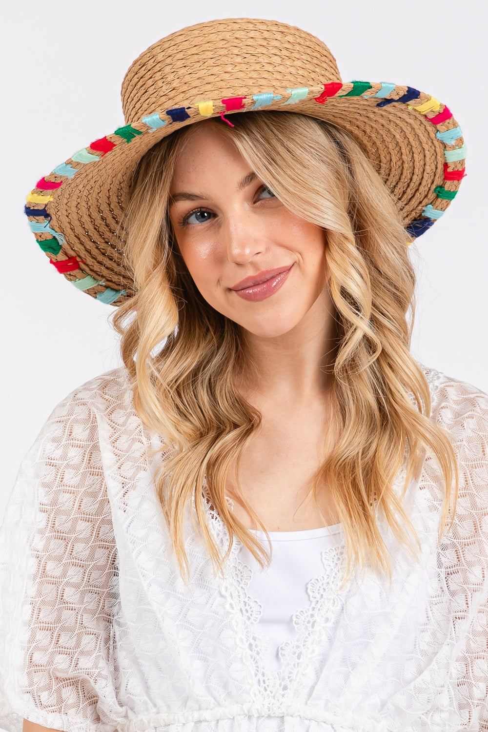 Multi Colored Wide Stitch Trim Straw Sun Hat