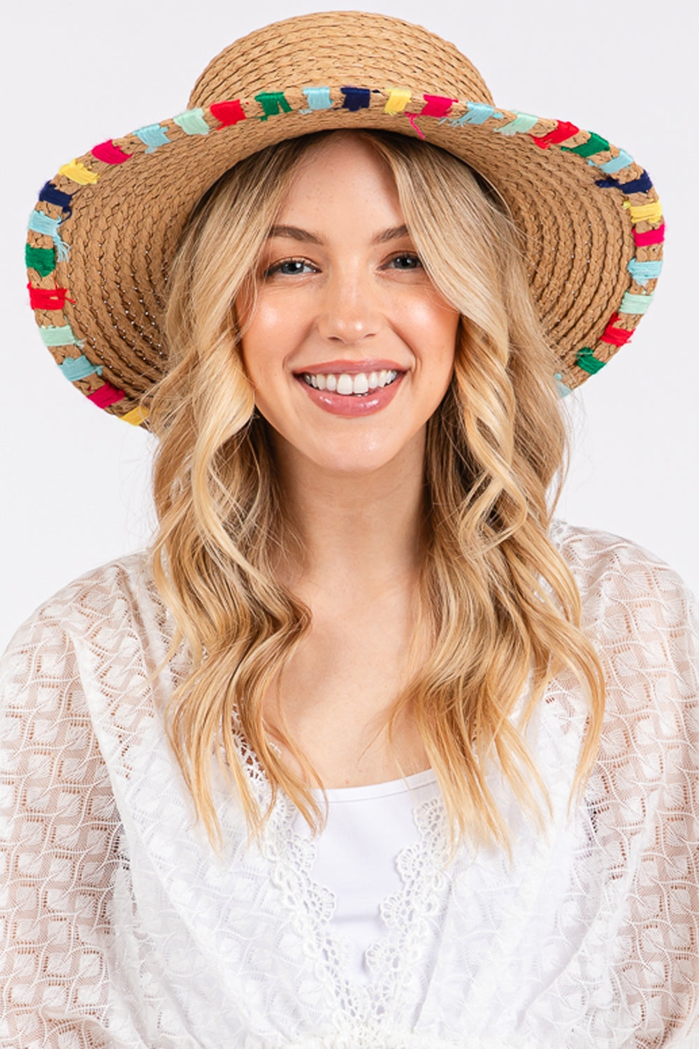Multi Colored Wide Stitch Trim Straw Sun Hat