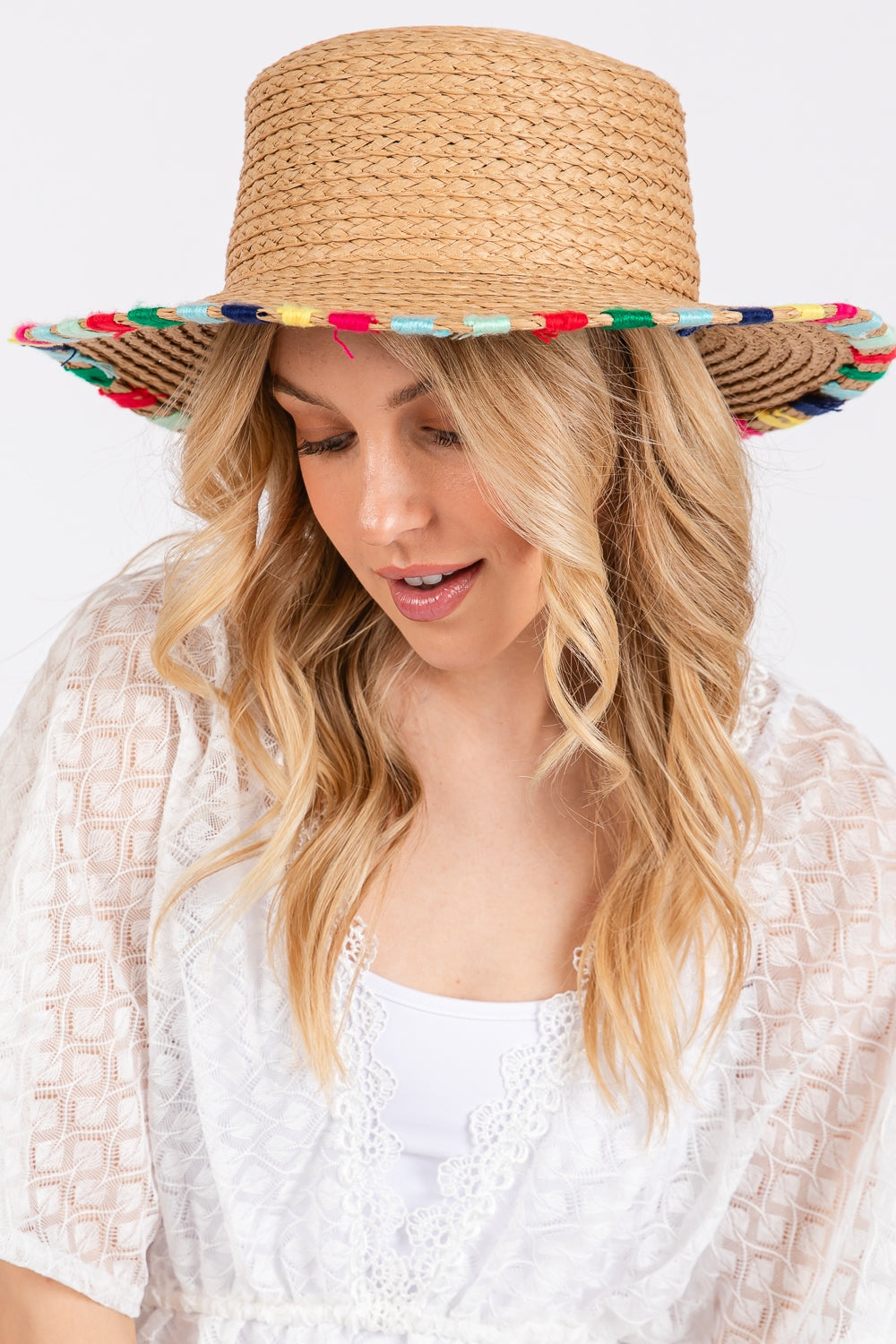 Multi Colored Wide Stitch Trim Straw Sun Hat