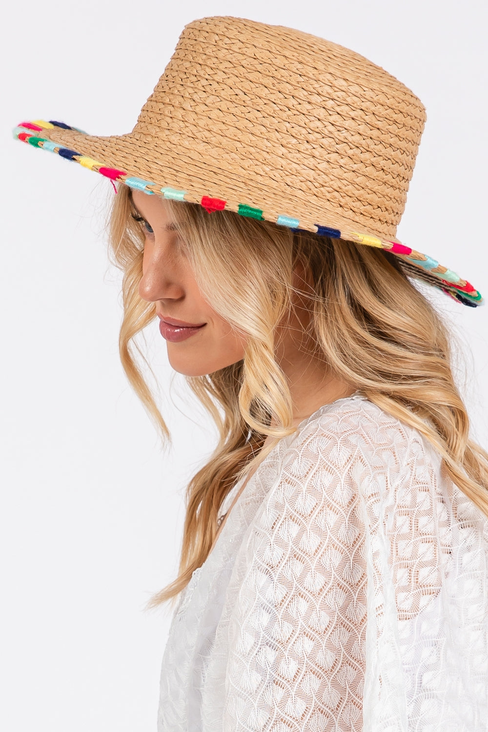 Multi Colored Wide Stitch Trim Straw Sun Hat