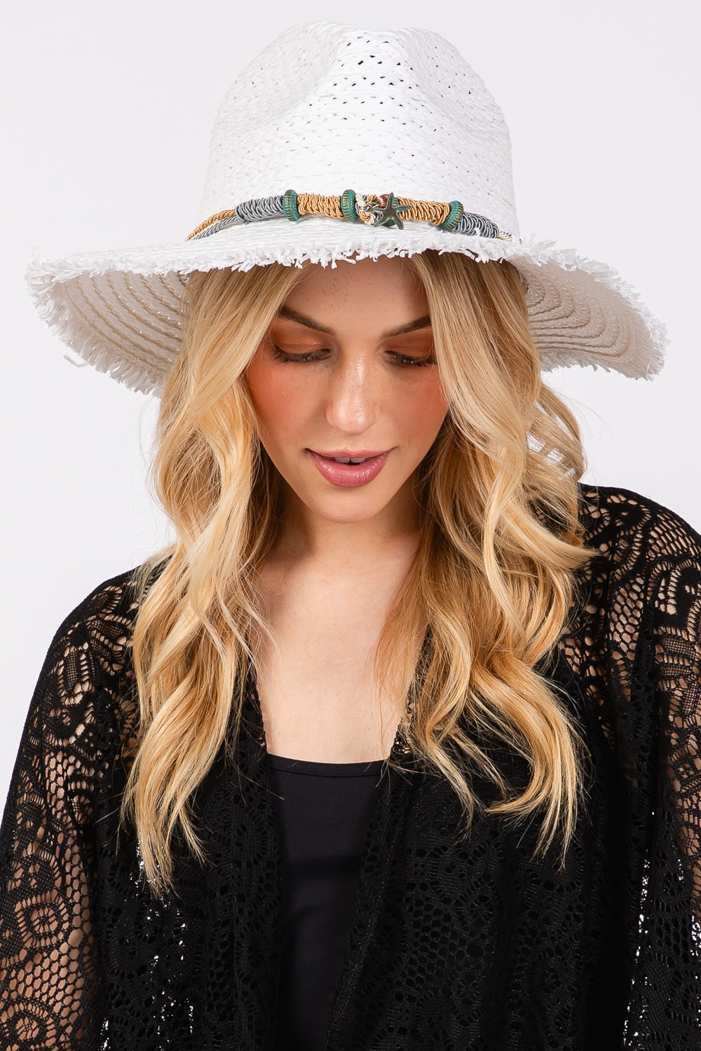 Frayed Straw Sun Hat With Braided Starfish Band