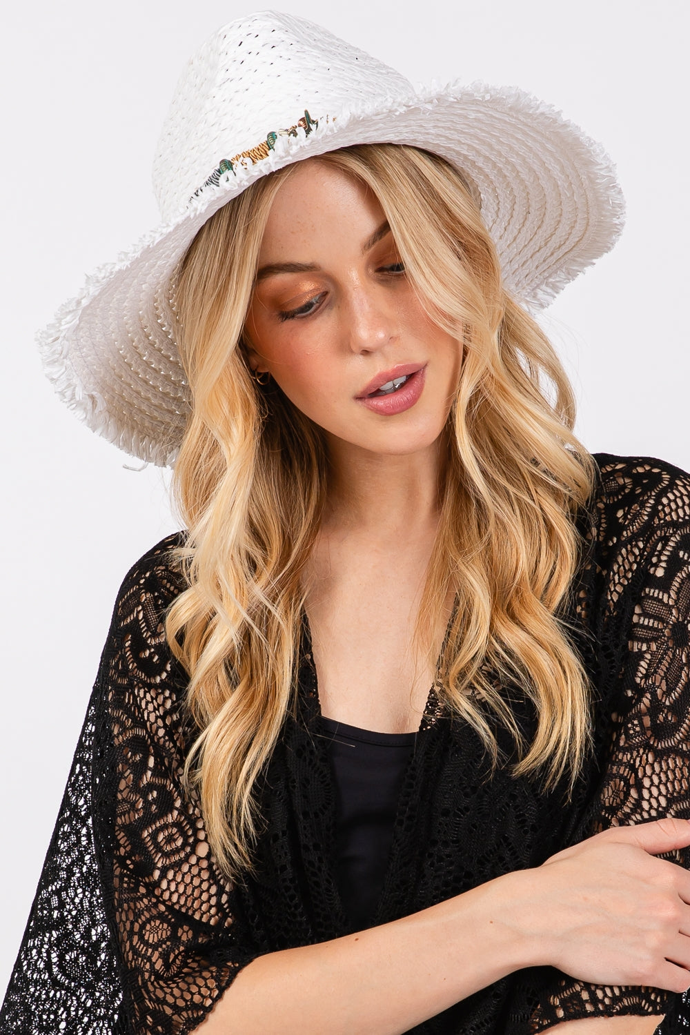 Frayed Straw Sun Hat With Braided Starfish Band