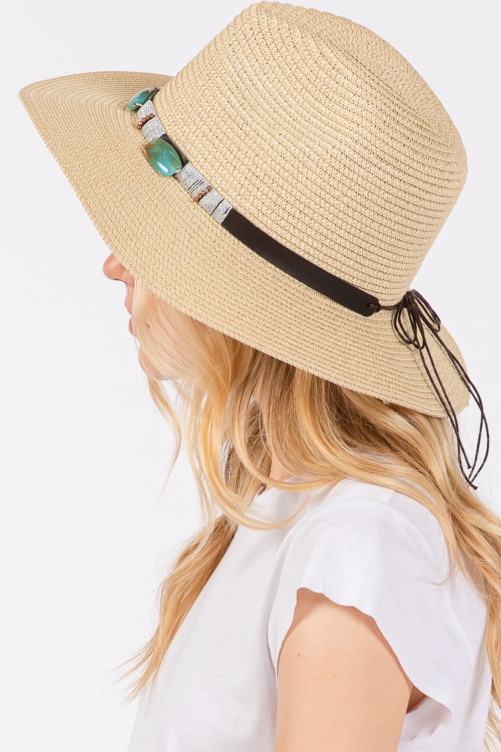 Turquoise Beads Band Straw Sun Hat