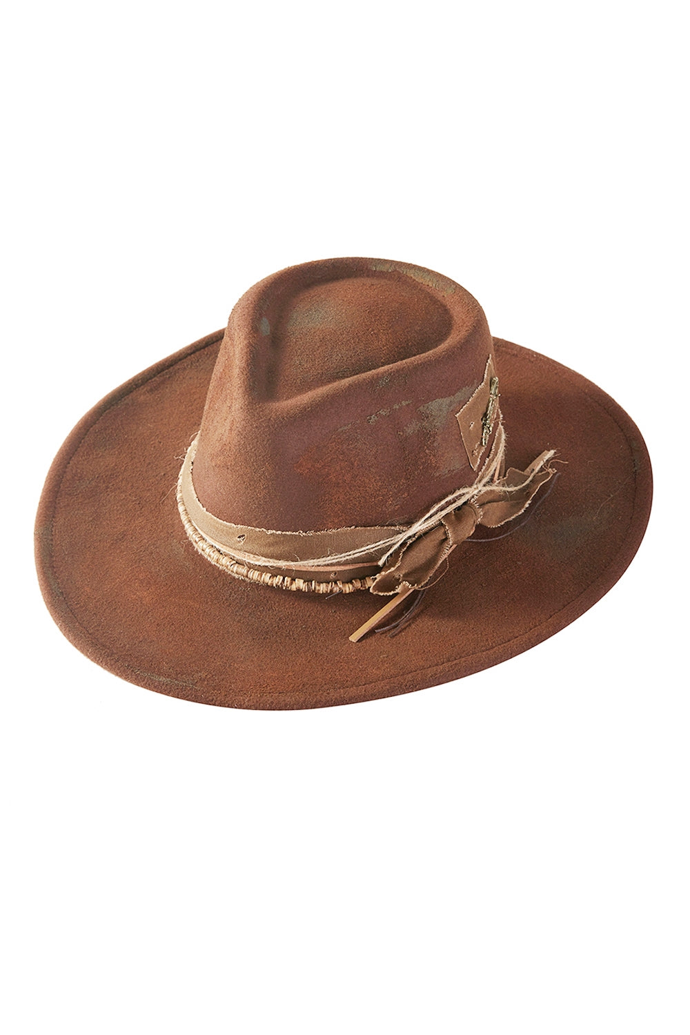 Vintage Versatile Shapeable Cowgirl And Fedora Hat With Distressed Fabric Band