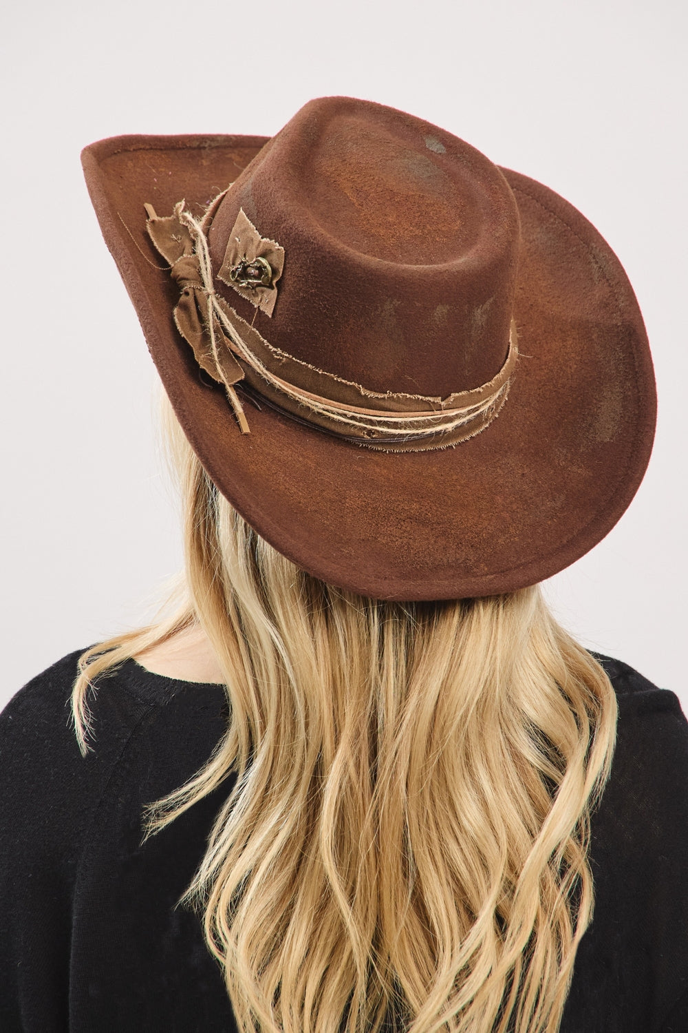 Vintage Versatile Shapeable Cowgirl And Fedora Hat With Distressed Fabric Band