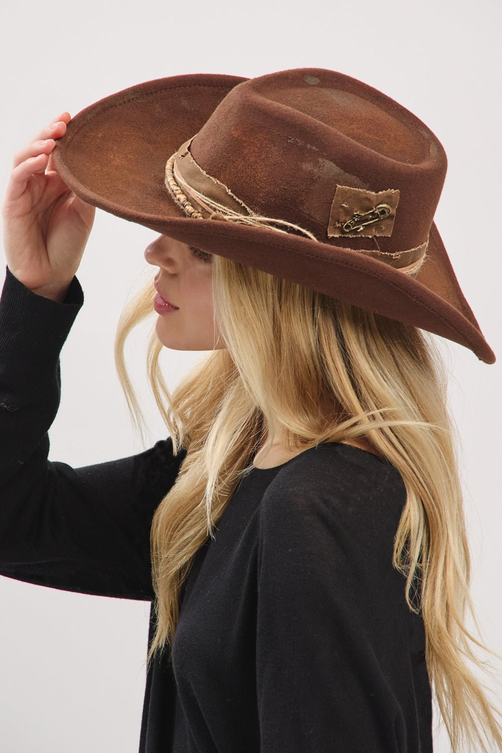 Vintage Versatile Shapeable Cowgirl And Fedora Hat With Distressed Fabric Band