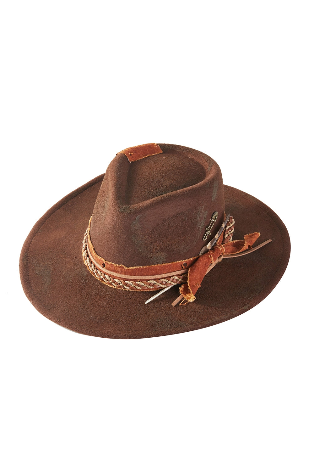 Vintage Versatile Shapeable Cowgirl And Fedora Hat With Feather And Distressed Fabric Band