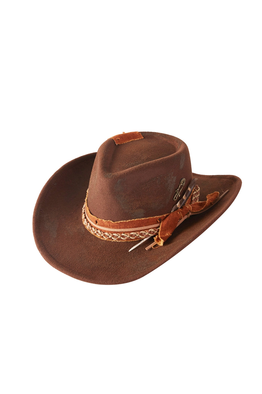 Vintage Versatile Shapeable Cowgirl And Fedora Hat With Feather And Distressed Fabric Band
