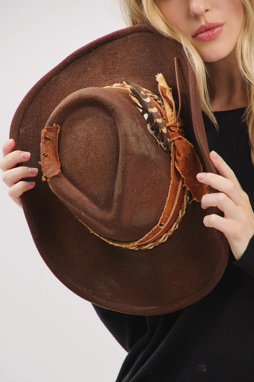 Vintage Versatile Shapeable Cowgirl And Fedora Hat With Feather And Distressed Fabric Band