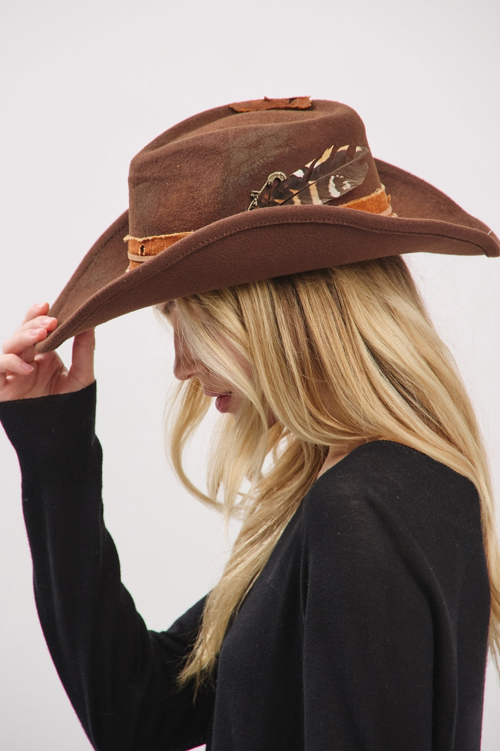 Vintage Versatile Shapeable Cowgirl And Fedora Hat With Feather And Distressed Fabric Band