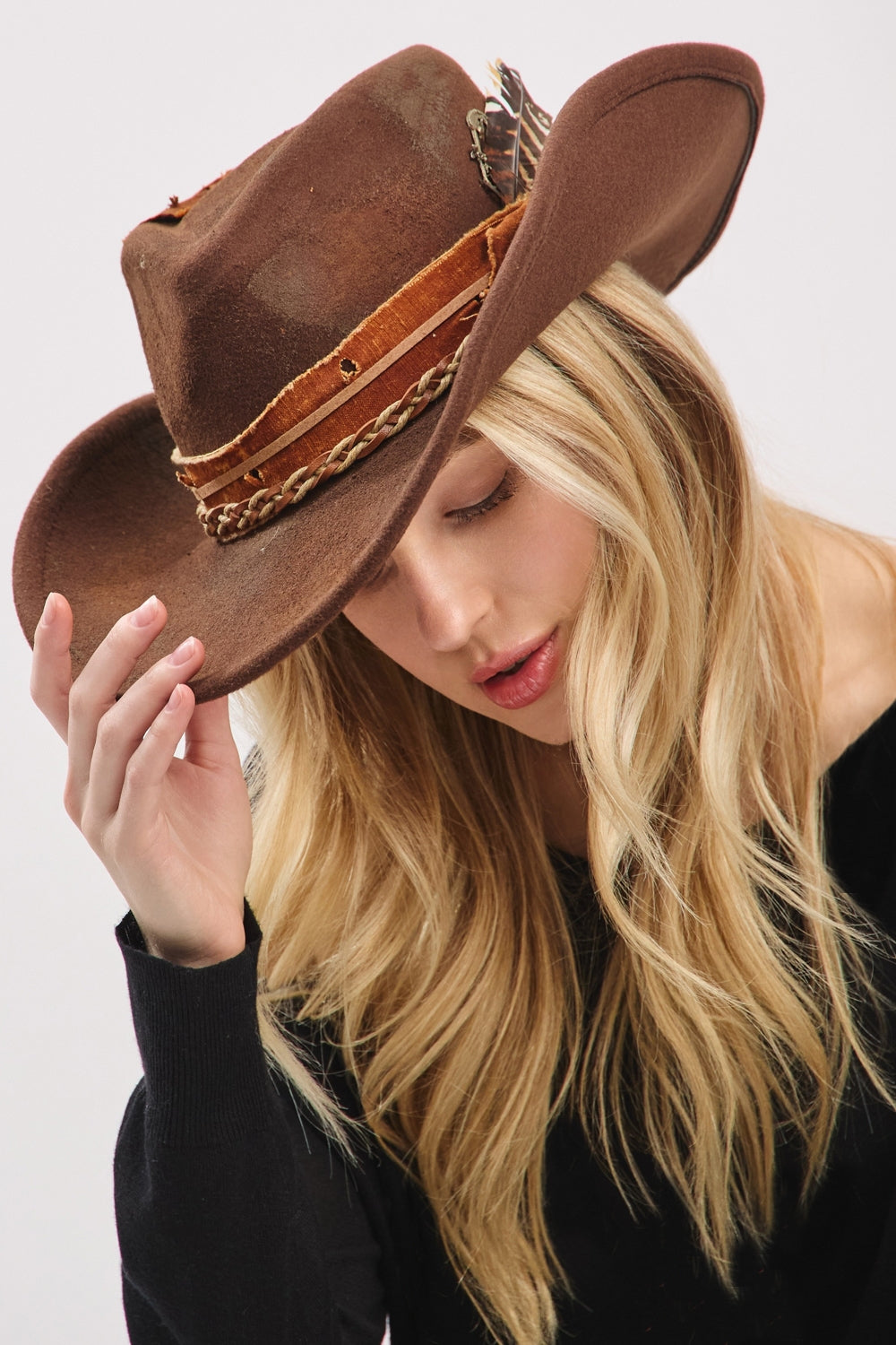 Vintage Versatile Shapeable Cowgirl And Fedora Hat With Feather And Distressed Fabric Band