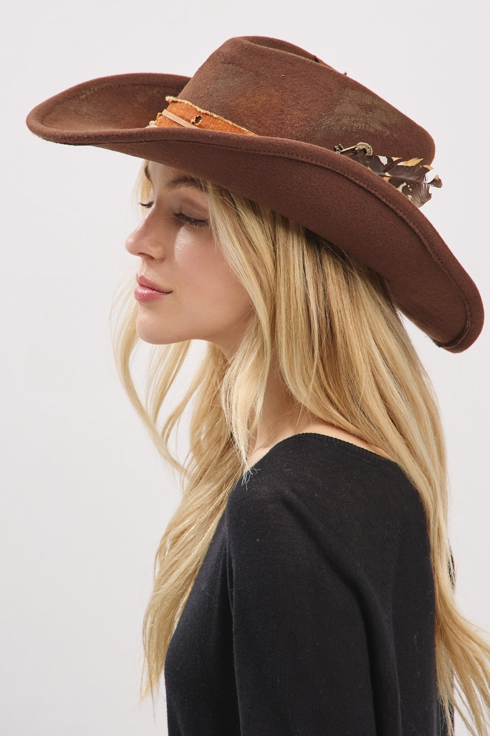 Vintage Versatile Shapeable Cowgirl And Fedora Hat With Feather And Distressed Fabric Band