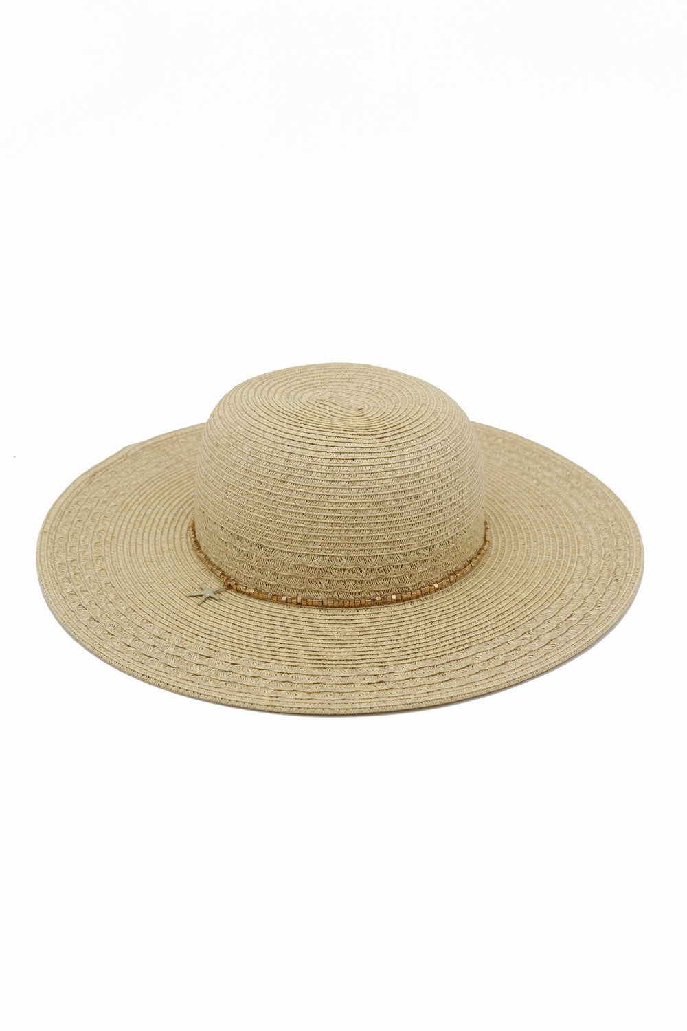 Wide Brim Straw Sun Hat With Starfish Charm And Sequin Band