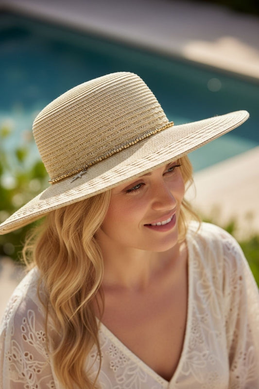 Wide Brim Straw Sun Hat With Starfish Charm And Sequin Band