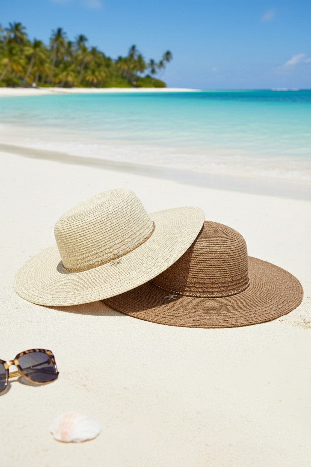 Wide Brim Straw Sun Hat With Starfish Charm And Sequin Band