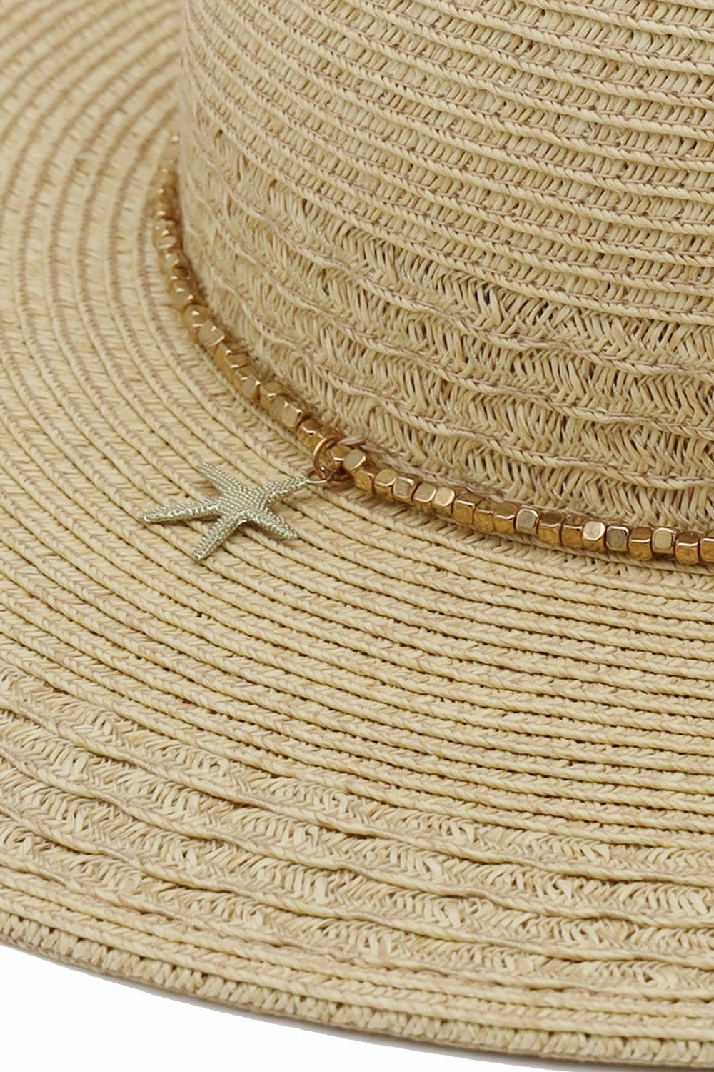 Wide Brim Straw Sun Hat With Starfish Charm And Sequin Band