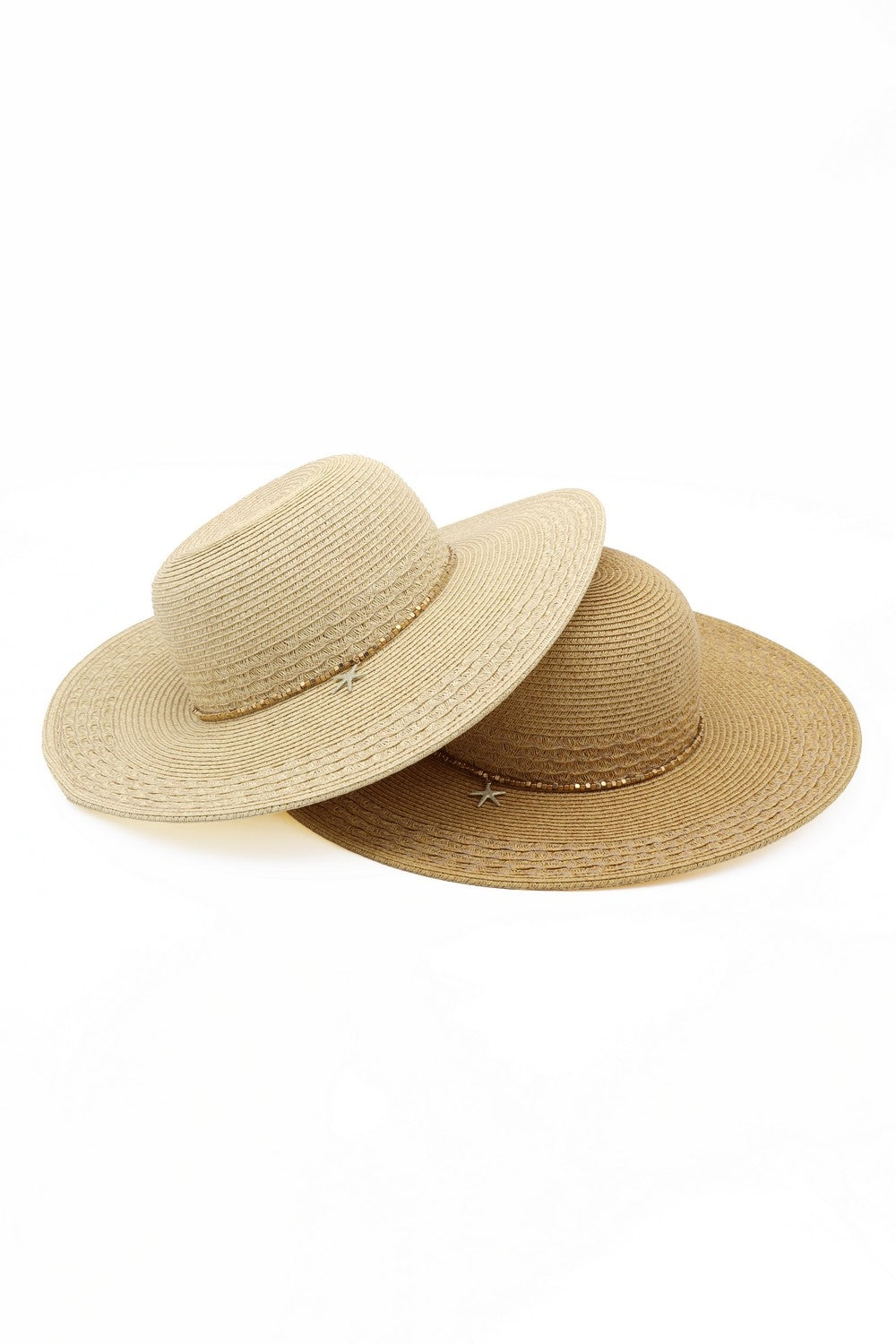 Wide Brim Straw Sun Hat With Starfish Charm And Sequin Band