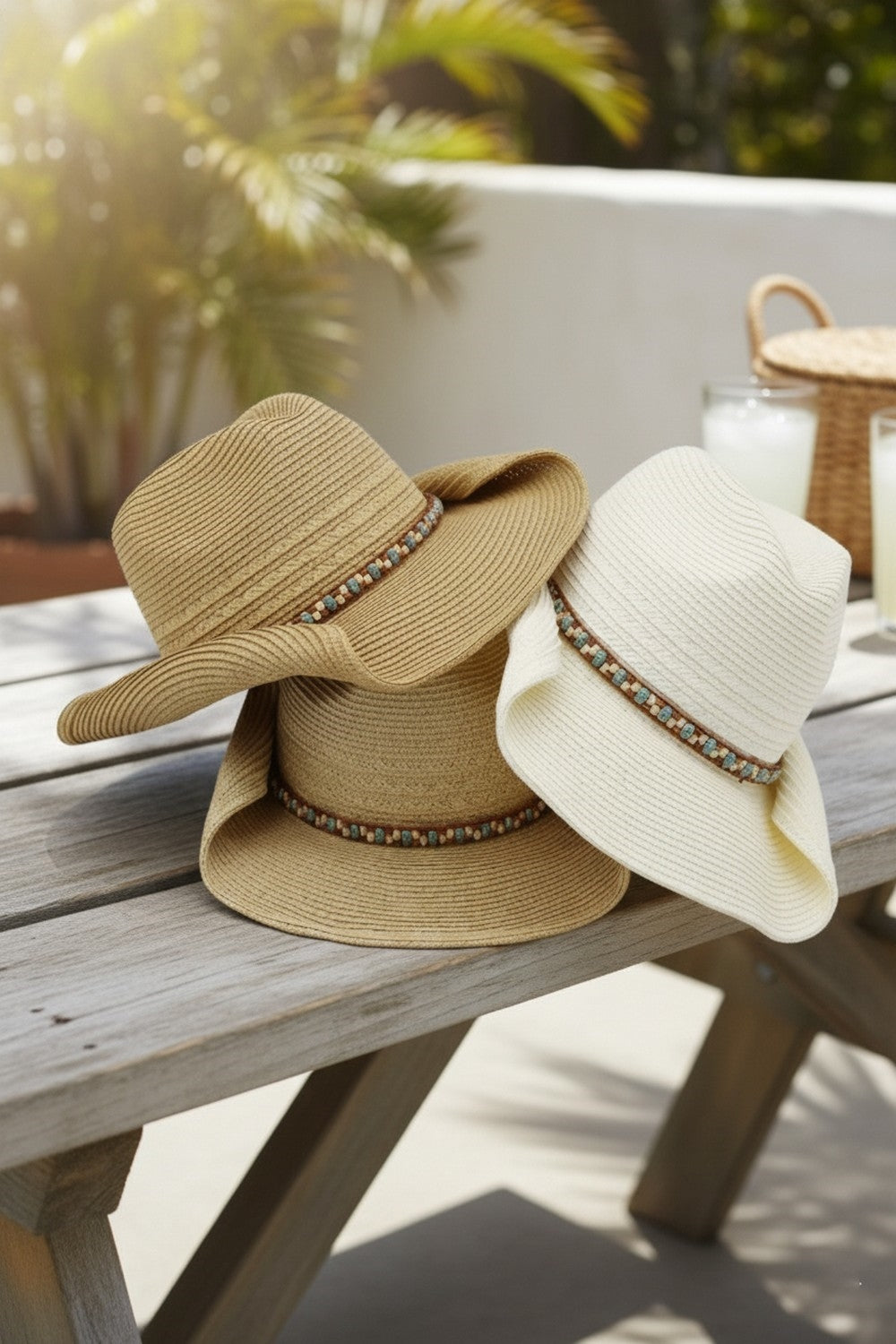 Straw Cowboy Hat With Multicolor Beaded Band
