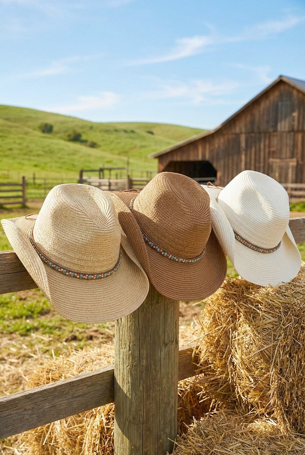 Straw Cowboy Hat With Multicolor Beaded Band
