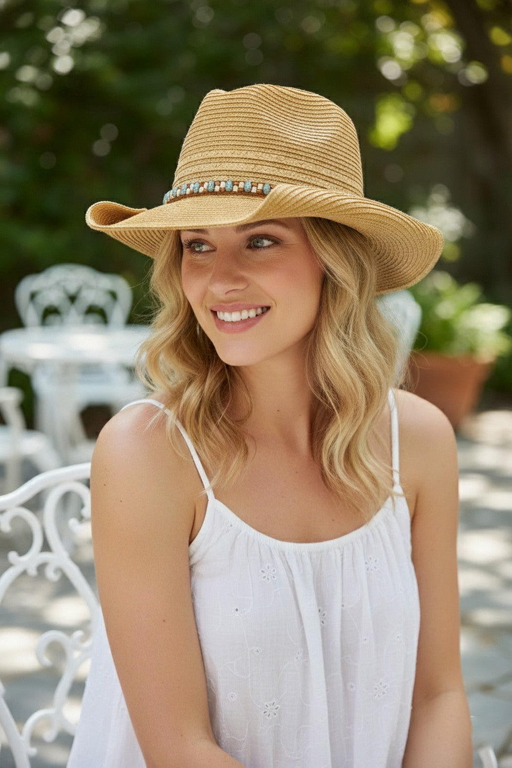 Straw Cowboy Hat With Multicolor Beaded Band