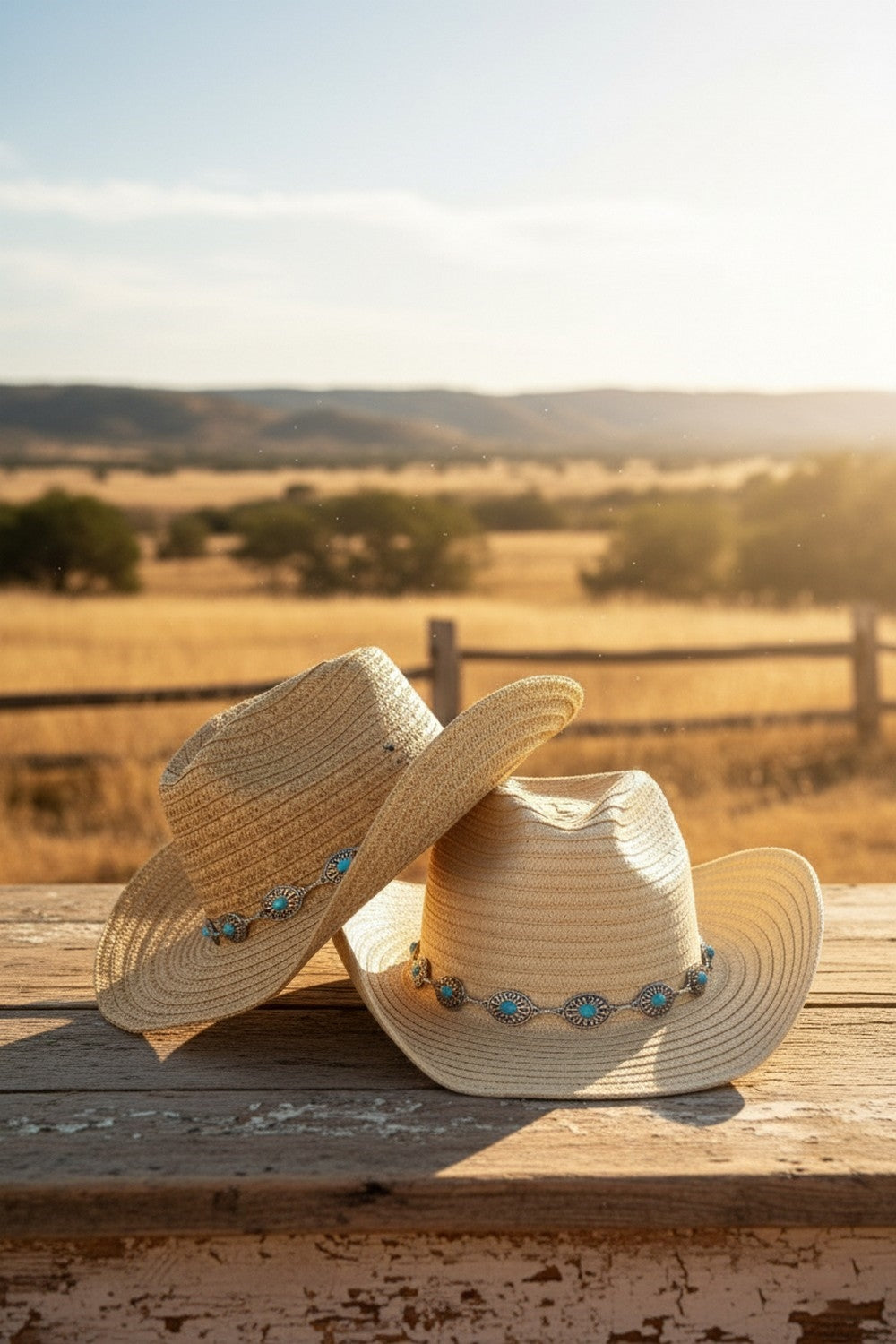 Straw Cowboy Hat With Turquoise Concho Band