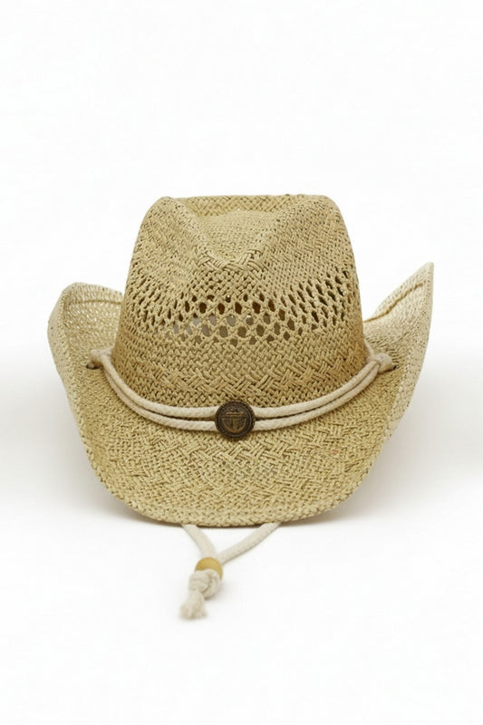 Western Straw Cowboy Hat With Antique Anchor Button And Chin Strap